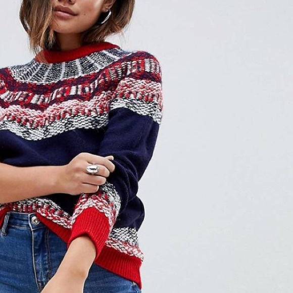 NWOT ASOS Blue Red Nordic Holiday Fair Isle Sweater - Picture 1 of 7